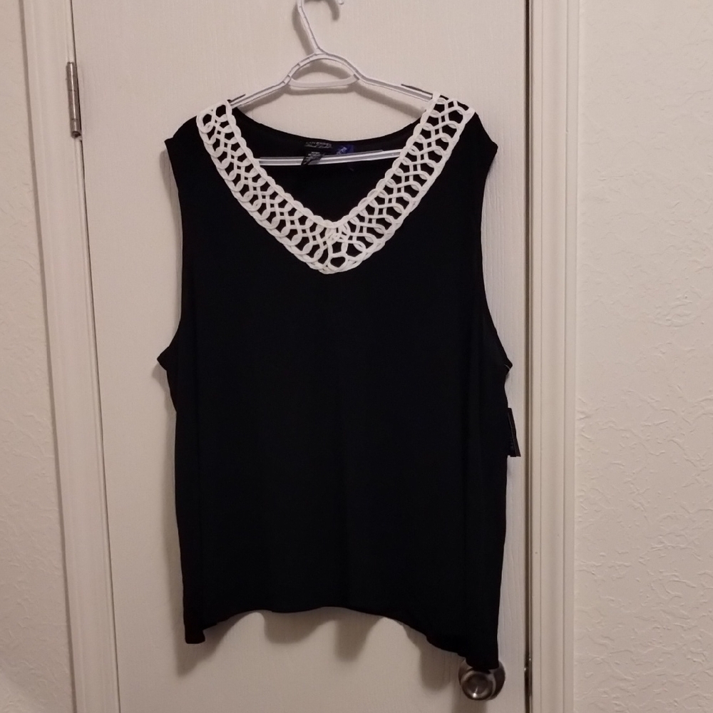 Catherines Black Sleeveless Tank with White Crochet V-Neck